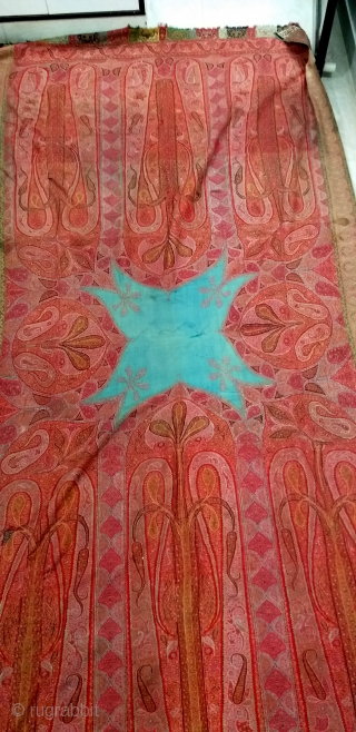  
a very beautiful old Kashmir long shawl with a Turquoise center which is not very easy to find,with a few small holes which is very normal in these type of vintage  ...