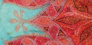  
a very beautiful old Kashmir long shawl with a Turquoise center which is not very easy to find,with a few small holes which is very normal in these type of vintage  ...