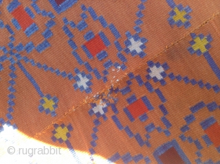 Finely two sides woven kilim, Caucasian? Age around 1900, has a small repair, see photo, most probably used as table cloth rather than floor cover...
Size 136 x 270 cm/ 4 ft 5  ...