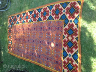 Finely two sides woven kilim, Caucasian? Age around 1900, has a small repair, see photo, most probably used as table cloth rather than floor cover...
Size 136 x 270 cm/ 4 ft 5  ...