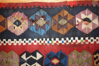 #1B71 Turkish kilim rug 5.1' x 10.5' 1890, some synthetic colors.                      