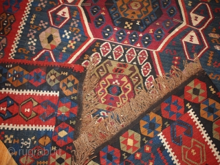 #1B71 Turkish kilim rug 5.1' x 10.5' 1890, some synthetic colors.                      