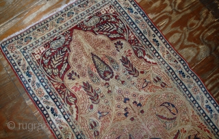 #1B524  Hand made antique prayer Persian Kerman Lavar rug 2.10' x 4.8' ( 90cm x 146cm) 1880.C
               