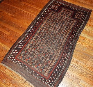 #1B219  Hand made antique collectible Baluch prayer rug 2.10' x 5.3' ( 91cm x 161cm) 1880.C
                