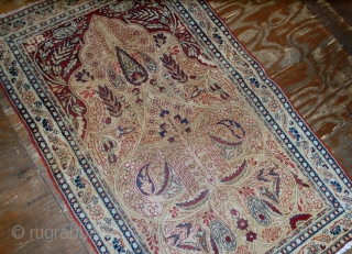Handmade antique prayer Persian Kerman Lavar rug 2.10' x 4.8' ( 90cm x 146cm) 1880s - 1B524                