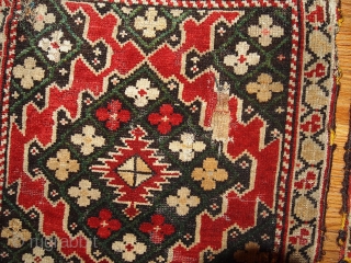 #1B358 Hand made antique collectible Armenian "Karabagh" pair of rugs 1.4' x 1.5' 1880, in original condition: has some age ware and hole.          