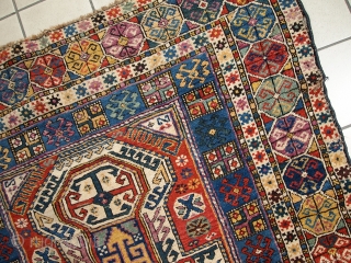 1C260 Caucasian Shirvan rug 3.8' x 7.6' ( 118cm x 233cm ) 1870, condition: original, some age wear, missing end, little crooked.           