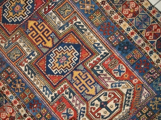 1C260 Caucasian Shirvan rug 3.8' x 7.6' ( 118cm x 233cm ) 1870, condition: original, some age wear, missing end, little crooked.           