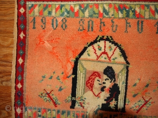 #1B363 antique collectible Armenian rug 1.1' x 1.4' 1908,in original condition: has some age ware.                  