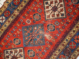 #1C259  Hand made antique Caucasian Kazak rug 4.1' X 6.9' ( 127cm X 211cm ) C.1860                