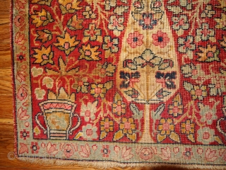 #1B330 Persian prayer "Kerman Lavar-Tree of Life" rug 2' x 2.9' 1880, in original condition: low pile and stain.              