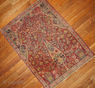 #1B330 Persian prayer "Kerman Lavar-Tree of Life" rug 2' x 2.9' 1880, in original condition: low pile and stain.              