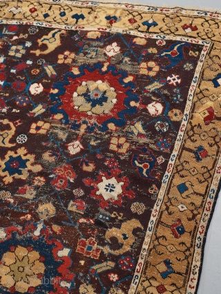 18th Century Karabagh carpet. It has been shorten and have lot of wear and tear, repairs, re-knottings etc. 

Ca 3x2 Meters            