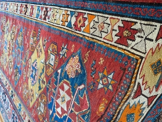 Caucasian Soumak late 19 century. 

Repairs, missing short boarder and wear. 

2'10 x 5'5 (86 x 165 cm)               