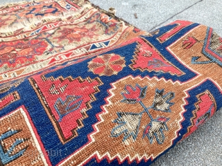 Old Caucasian Lesghi Star Soumak with rich palette of colors, 212x284 cm (6’11”x9’4”). Lot of small repairs needed, but no holes, no moth damage!         