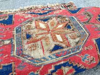 Old Caucasian Lesghi Star Soumak with rich palette of colors, 212x284 cm (6’11”x9’4”). Lot of small repairs needed, but no holes, no moth damage!         