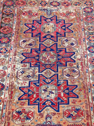 Old Caucasian Lesghi Star Soumak with rich palette of colors, 212x284 cm (6’11”x9’4”). Lot of small repairs needed, but no holes, no moth damage!         