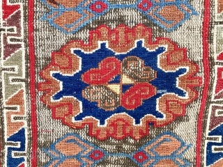 Old Caucasian Lesghi Star Soumak with rich palette of colors, 212x284 cm (6’11”x9’4”). Lot of small repairs needed, but no holes, no moth damage!         