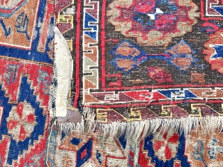 Old Caucasian Lesghi Star Soumak with rich palette of colors, 212x284 cm (6’11”x9’4”). Lot of small repairs needed, but no holes, no moth damage!         