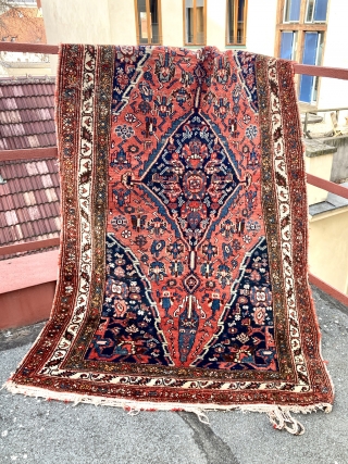 Shiny antique Zanjan Khamseh, Kajaluk village. 106x190 cm (3’5”x 6’3”). One would say Hamadan, but it is Zanjan Khamseh, from Kajaluk village.
Not to be confused with the Khamseh Confederacy amazing rugs!  