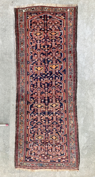 Beautifully colored Persian Varamin rug, most probably made by Luri people settled in north Persia around 1900. Unusual runner format 150x370 cm.           