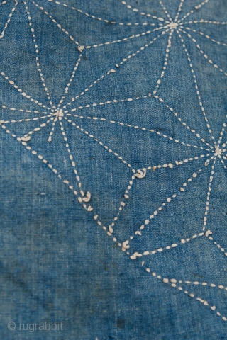 This is a boro futon cover repurposed from a larger wrapping cloth, or furoshiki, dyed with indigo to a solid pale blue known as asagi. Sashiko embroidery of chrysanthemum, pine bark, and  ...