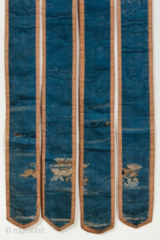 This Edo period silk temple banner, or ban, was created from salvaged silk kimono. The proper "front" is the green blue side with soft orange binding. It is perhaps equally striking with  ...