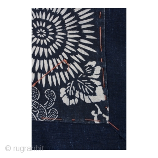 This is an antique Japanese floor cushion, or zabuton. The zabuton is made of beautiful katazome dyed cotton and lined with hand spun, botanically dyed indigo. Katazome is a method of dyeing  ...