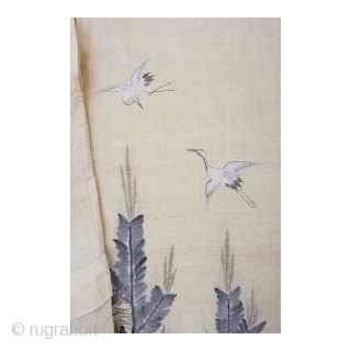 This is a beautiful girl's hemp kimono with hand painted motifs of crane and pine. For the Japanese, the crane--or tsuru--is considered a national treasure, appearing in art, literature and folklore. The  ...