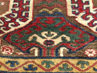 Two birds with one rug!  Kurdish (?), 19th century.  Coltrane-esque riff on an old Caucasian standard.  Beefy, floppy handle.  Glossy wool.  Excellent condition.  All organic dyes.  ...