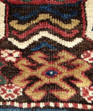 Two birds with one rug!  Kurdish (?), 19th century.  Coltrane-esque riff on an old Caucasian standard.  Beefy, floppy handle.  Glossy wool.  Excellent condition.  All organic dyes.  ...