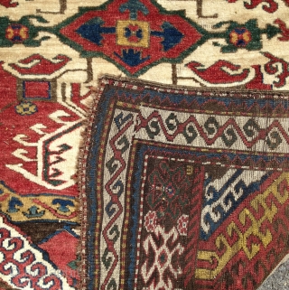 Two birds with one rug!  Kurdish (?), 19th century.  Coltrane-esque riff on an old Caucasian standard.  Beefy, floppy handle.  Glossy wool.  Excellent condition.  All organic dyes.  ...