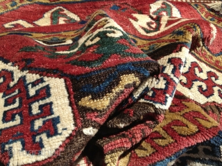 Two birds with one rug!  Kurdish (?), 19th century.  Coltrane-esque riff on an old Caucasian standard.  Beefy, floppy handle.  Glossy wool.  Excellent condition.  All organic dyes.  ...