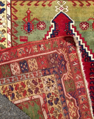 19th century Mucur prayer rug in nearly full pile.  All organic colors, including lovely greens, a deeply saturated red, and a clear yellow.  Very good condition, nicely restored (see last  ...