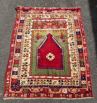 19th century Mucur prayer rug in nearly full pile.  All organic colors, including lovely greens, a deeply saturated red, and a clear yellow.  Very good condition, nicely restored (see last  ...