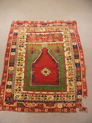 19th century Mucur prayer rug in nearly full pile.  All organic colors, including lovely greens, a deeply saturated red, and a clear yellow.  Very good condition, nicely restored (see last  ...