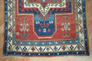 Caucasian Fachralo prayer rug, late 19th century, 4.6 x 3.3.  Good example of meander-and-cross border.  Silky wool, floppy handle.  Looks like a synthetic dye completely washed out, front and  ...