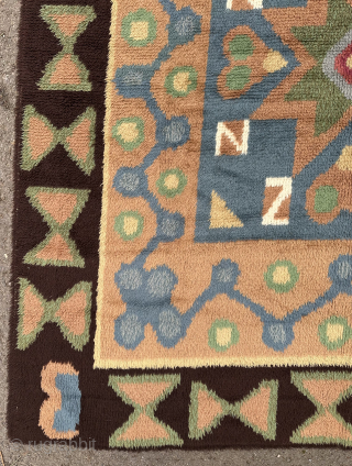 Finnish rya rug. Dated 1929. In good condition. Some slight corrosion to the black wool in the border. 166x148cm. Email owenrugs@gmail.com            