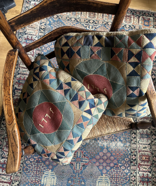 Pair of rare 18th century applique bridal pillows dated 1775. From Skane southern Sweden. Probably Vestergotland. With original calfskin backs.Eamil enquiries to owenrugs@gmail.com          