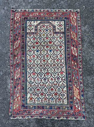 Early 19th century Kuba prayer rug.137x90cm. Dated 1833. Some poor repair and edge losses. Fresh to the marketplace. Email owenrugs@gmail.com             
