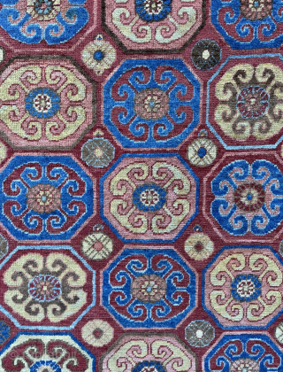 Beautiful antique Khotan rug. Circa 1800. Central Asia. Lovely colours with a coffered gul design. Some restoration. Enquiries to owenrugs@gmail.com             