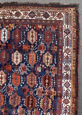 Beautiful antique south west Persian tribal  rug. Possibly Luri. Super colours and fabulous soft wool.
Not for the condition conscious. Has holes and old faded reweaves throughout.      