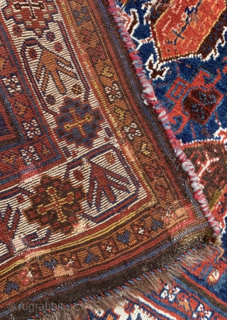 Beautiful antique south west Persian tribal  rug. Possibly Luri. Super colours and fabulous soft wool.
Not for the condition conscious. Has holes and old faded reweaves throughout.      