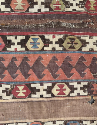 Antique Anatolian kilim fragment. Possible Capadocia area. Circa 1800. In need of cleaning and conservation. Email enquiries to owenrugs@gmail.com              