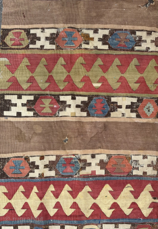 Antique Anatolian kilim fragment. Possible Capadocia area. Circa 1800. In need of cleaning and conservation. Email enquiries to owenrugs@gmail.com              