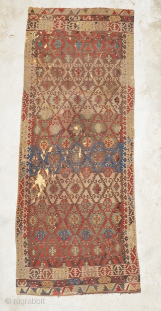 Anatolian Kilim 19th century, size is 393 x 153 cm, 12.11 x 5.0 ft. it's not a fragment, color are good, not  restored, only covered with a cloth, so now it  ...