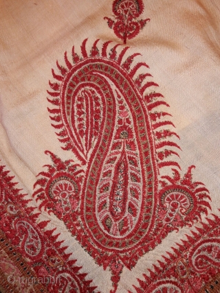 Square old antique 19th century very fine hand work Kashmiri rumal on pashmina material very fine quality in good condition and its size is 56 x 56 inches     