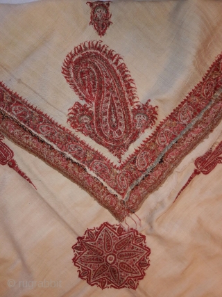 Square old antique 19th century very fine hand work Kashmiri rumal on pashmina material very fine quality in good condition and its size is 56 x 56 inches     