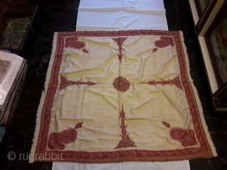 Square old antique 19th century very fine hand work Kashmiri rumal on pashmina material very fine quality in good condition and its size is 56 x 56 inches     