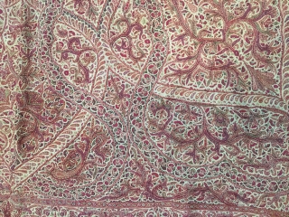 Very fine needle hand embroidered square shawl (rumal) from Kashmir India C.1900 done on pashmina base material there is no damages in this square shawl (rumal).the size of this rumal is 182  ...